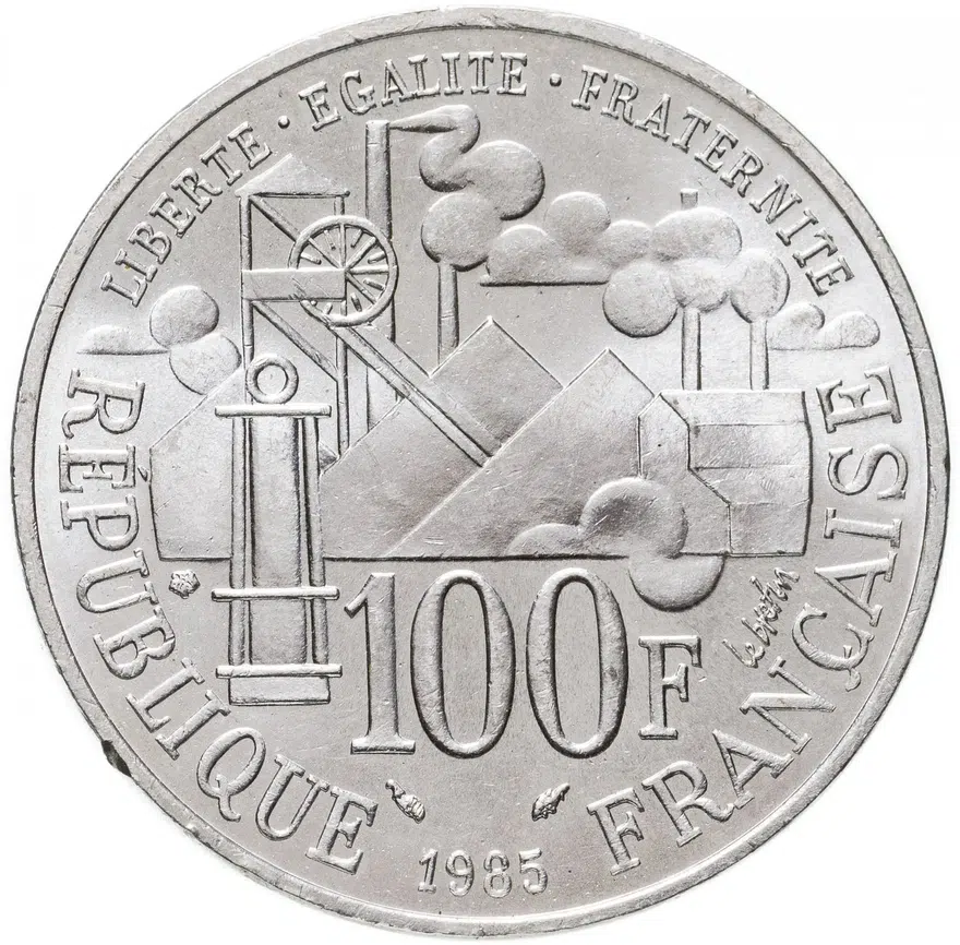 Франция 100 франков (francs) 1985  100 лет со дня выхода романа Эмиля Золя «Жерминаль», реверс