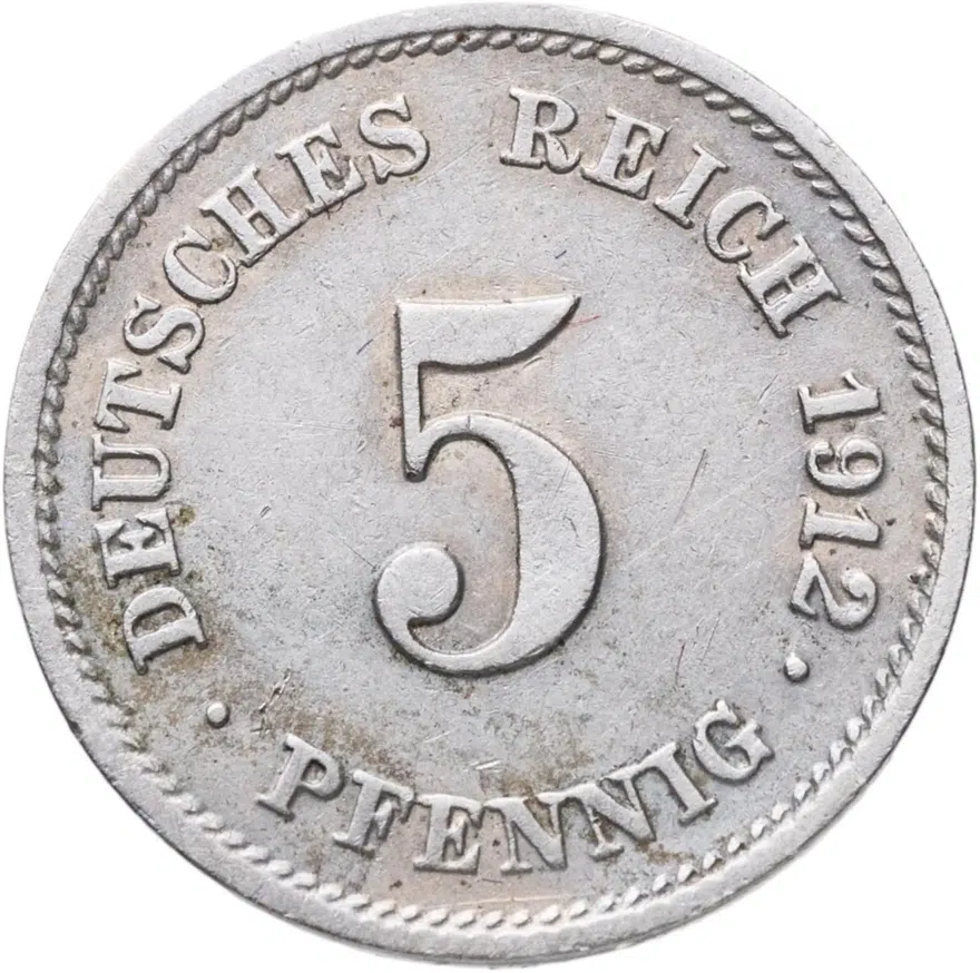 Германия 5 пфеннигов (pfennig) 1912 G  знак монетного двора: "G" - Карлсруэ, аверс