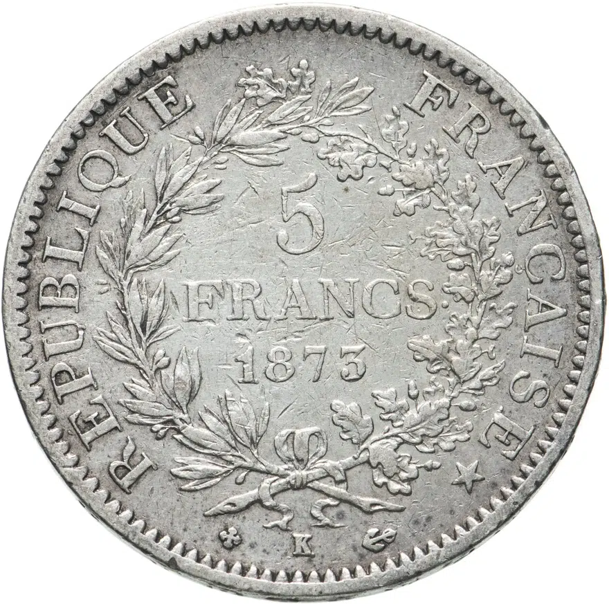 Франция 5 франков (francs) 1873 K Геркулес знак монетного двора: "K" - Бордо, аверс