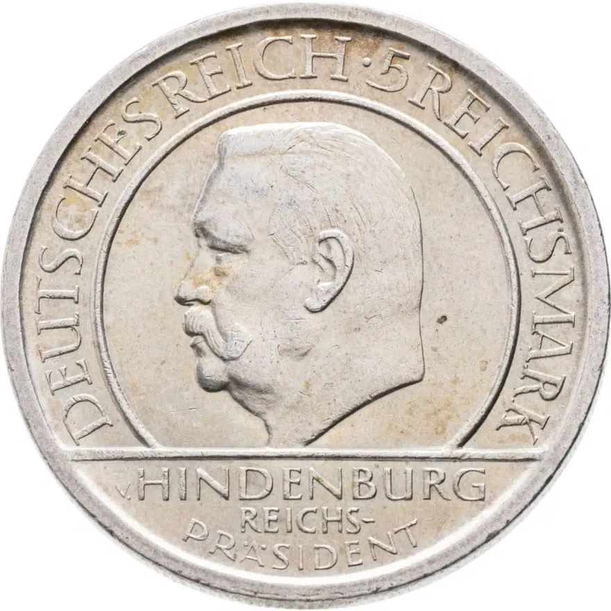 Германия 5 рейхсмарок (reichsmark) 1929 A 10 лет Веймарской конституции знак монетного двора "A" — Берлин