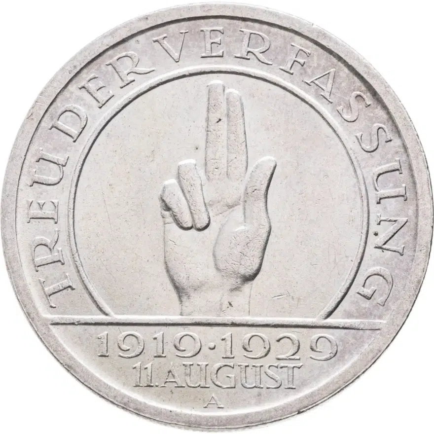 Германия 5 рейхсмарок (reichsmark) 1929 A 10 лет Веймарской конституции знак монетного двора "A" — Берлин, реверс