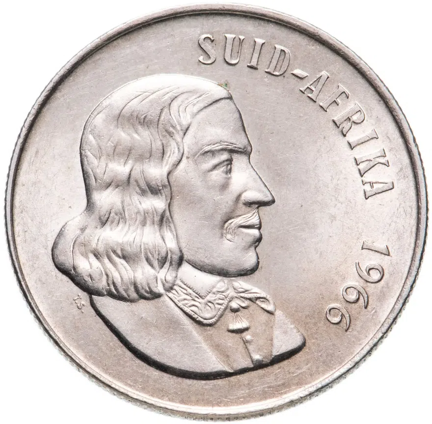 ЮАР 1 ранд (рэнд, rand) 1966  Надпись на языке африкаанс - "SUID-AFRIKA", реверс