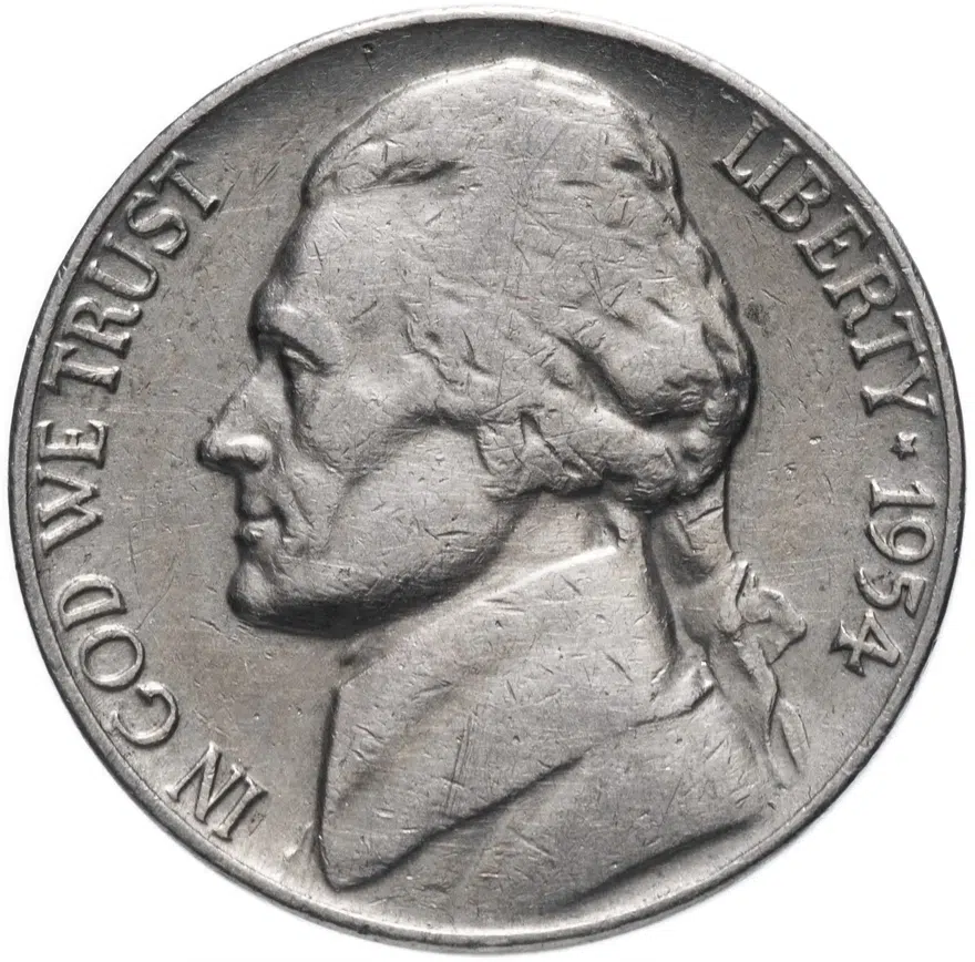 США 5 центов (cents) 1954 "Jefferson Nickel" D, аверс