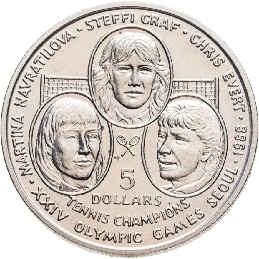 Ниуэ 5 долларов (dollars) 1988 XXIV летние Олимпийские Игры, Сеул 1988 - теннис: Навратилова, Граф, Эверт