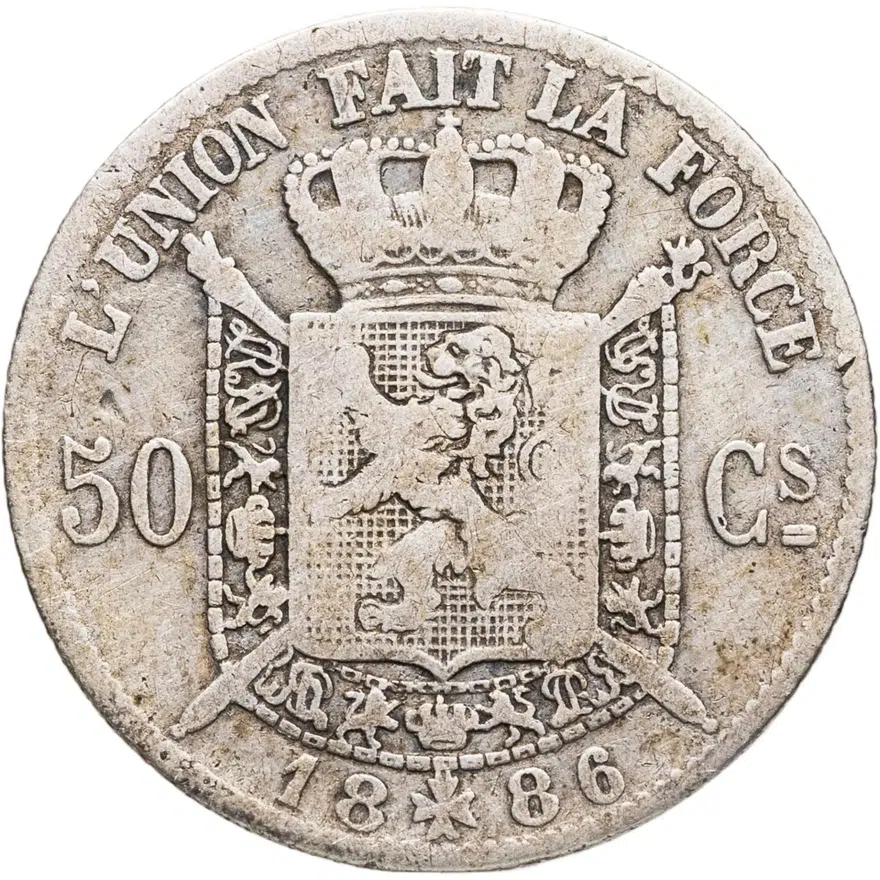 Бельгия 50 сантимов (centimes) 1886  Надпись на французском - 'DES BELGES', реверс