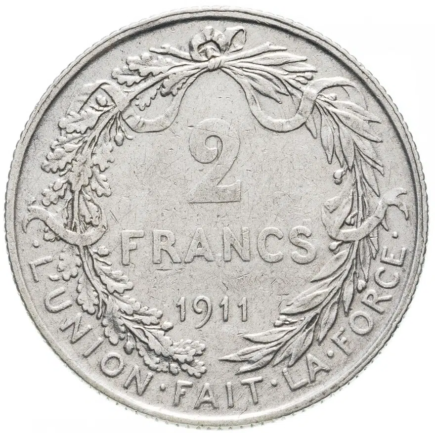 Бельгия 2 франка (francs) 1911  Надпись на французском - 'ALBERT ROI DES BELGES', реверс