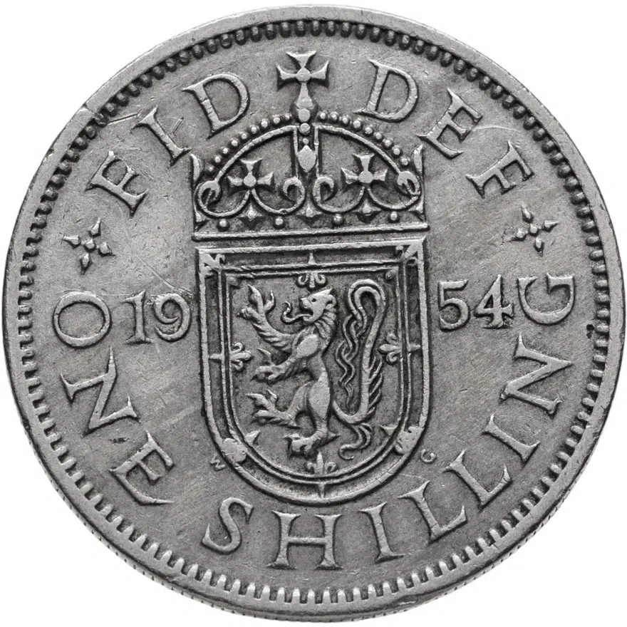 Великобритания 1 шиллинг (shilling) 1954  Шотландский герб - атакующий лев внутри коронованного щита, реверс