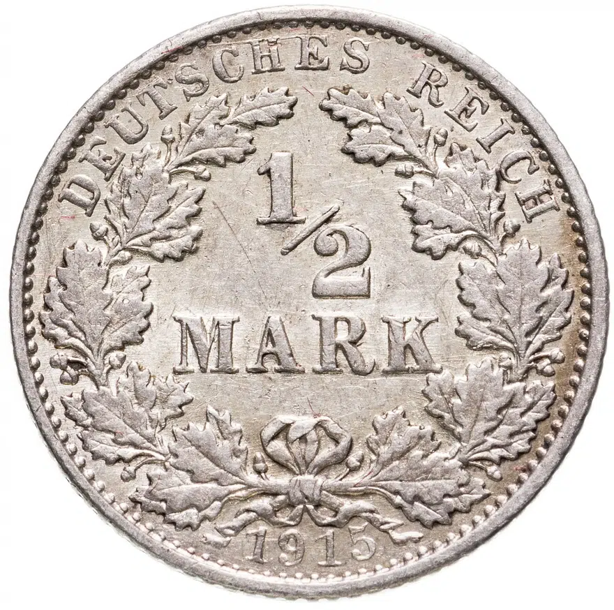 Германия 1/2 марки (mark) 1915 G  знак монетного двора: "G" - Карлсруэ, аверс