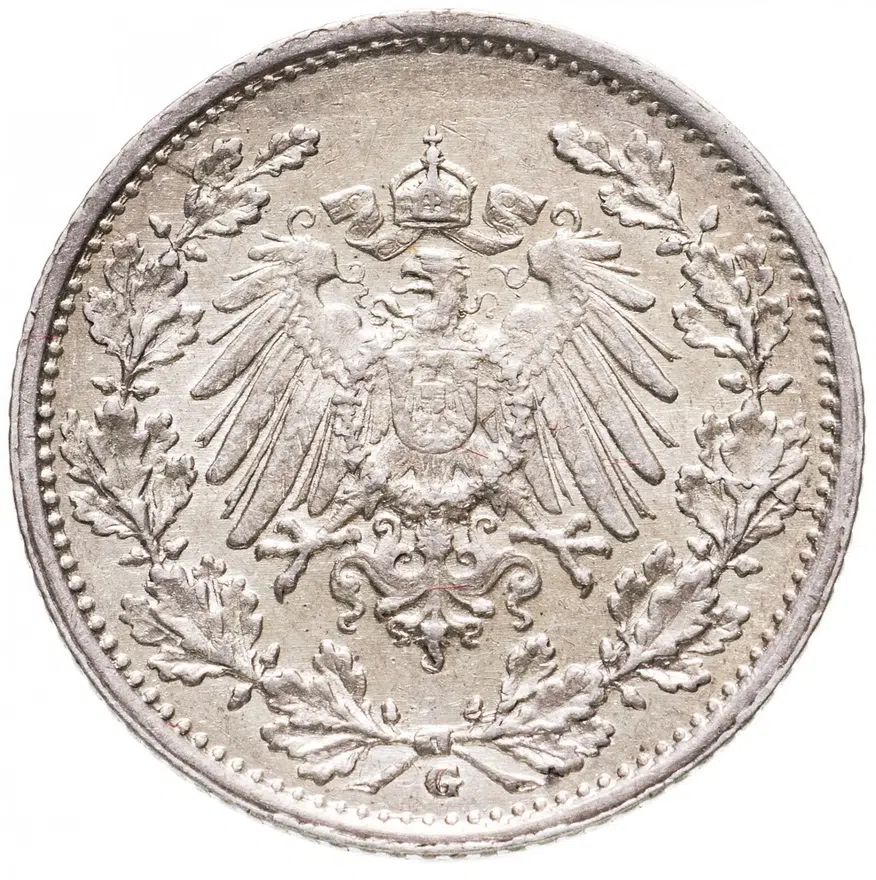 Германия 1/2 марки (mark) 1915 G  знак монетного двора: "G" - Карлсруэ, реверс