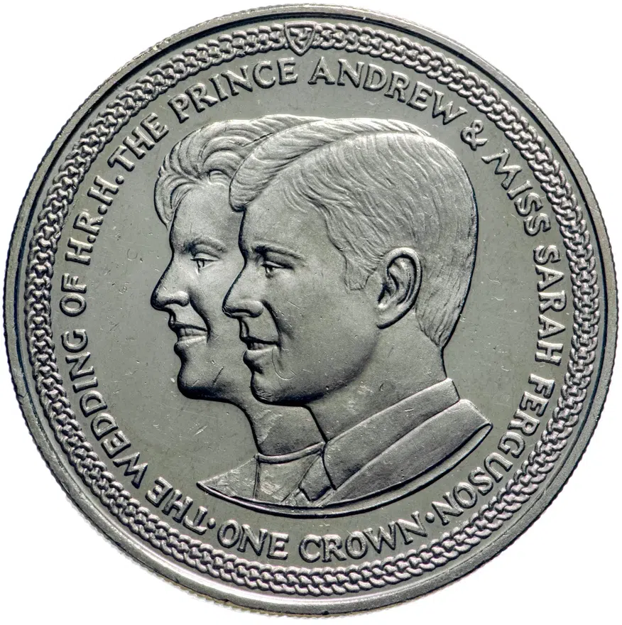 Остров Мэн 1 крона (crown) 1986  свадьба Принца Эндрю и Сары Фергюсон - портреты, аверс
