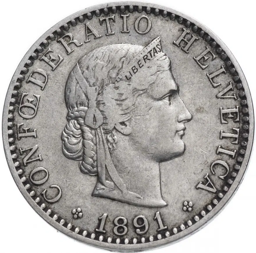 Швейцария 20 раппенов (rappen) 1891, аверс