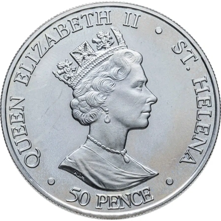 Остров Святой Елены 50 пенсов (pence) 2003 BUNC 50 лет коронации Королевы Елизаветы II - портрет, реверс