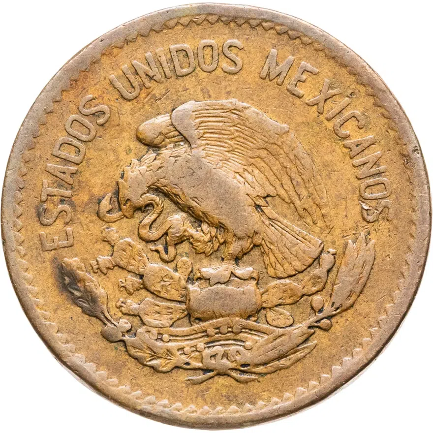 Мексика 20 сентаво (centavos) 1955 Старый тип аверса, Голова змеи рядом с кактусом