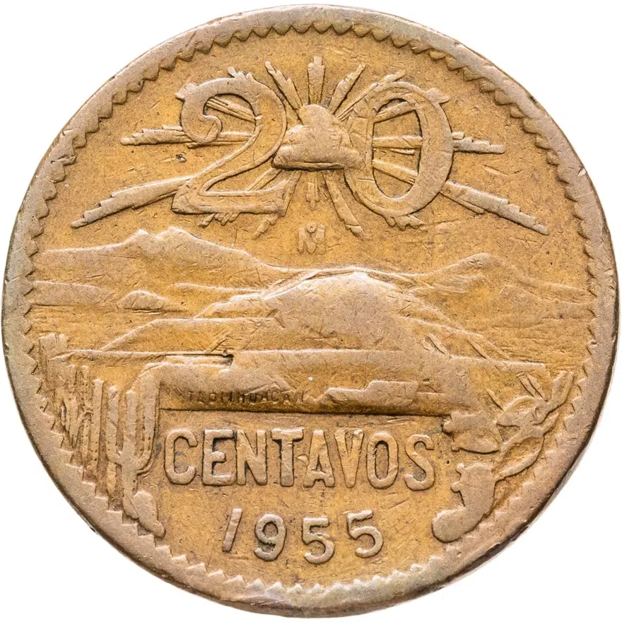 Мексика 20 сентаво (centavos) 1955 Старый тип аверса, Голова змеи рядом с кактусом, реверс