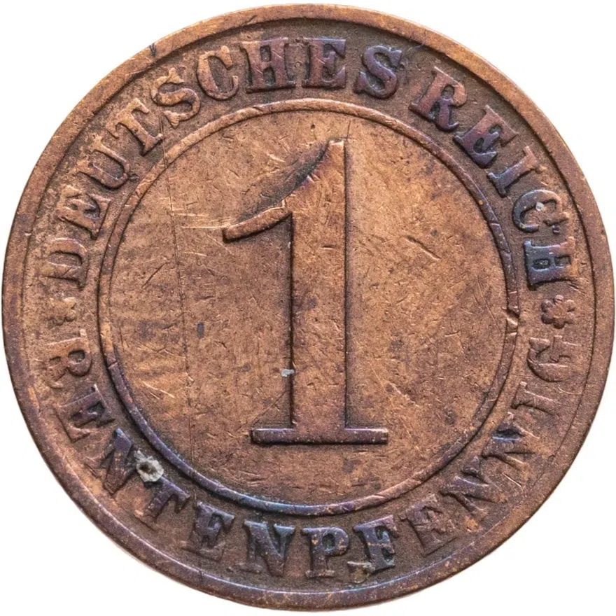 Германия 1 пфенниг (рентенпфенниг, rentenpfennig) 1924 A  знак монетного двора "A" — Берлин, аверс