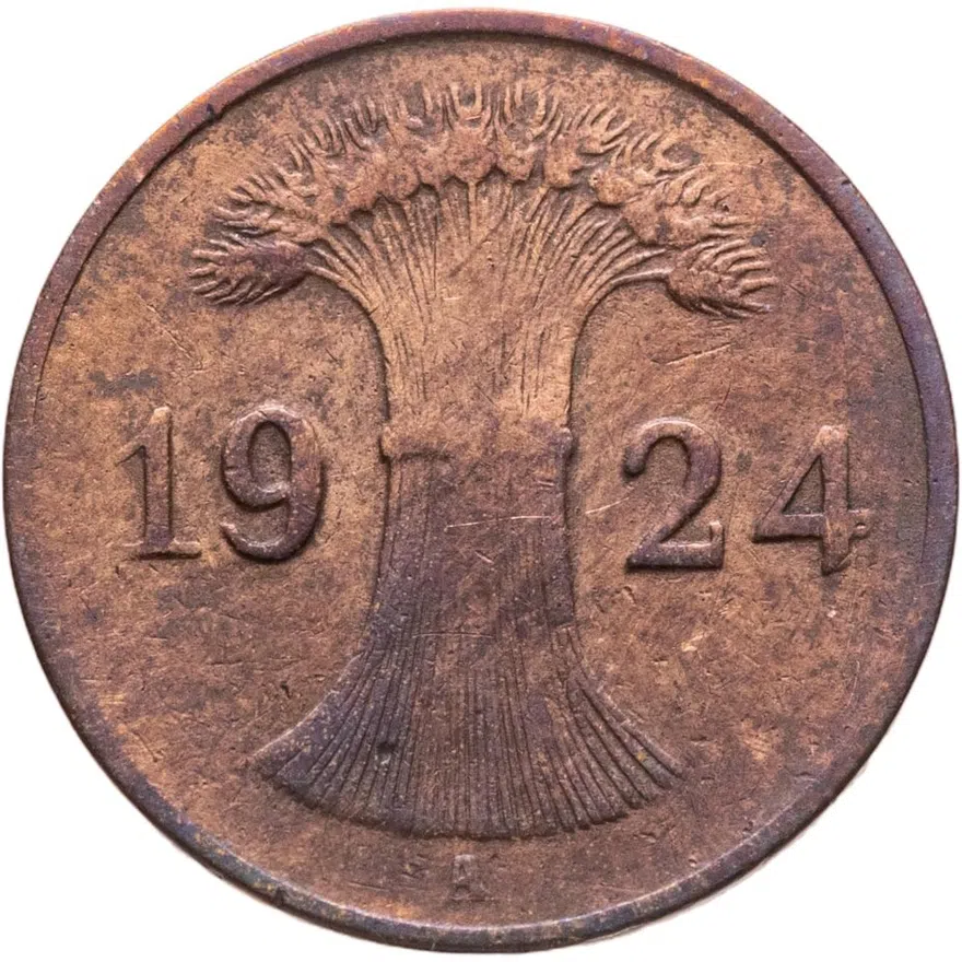 Германия 1 пфенниг (рентенпфенниг, rentenpfennig) 1924 A  знак монетного двора "A" — Берлин, реверс