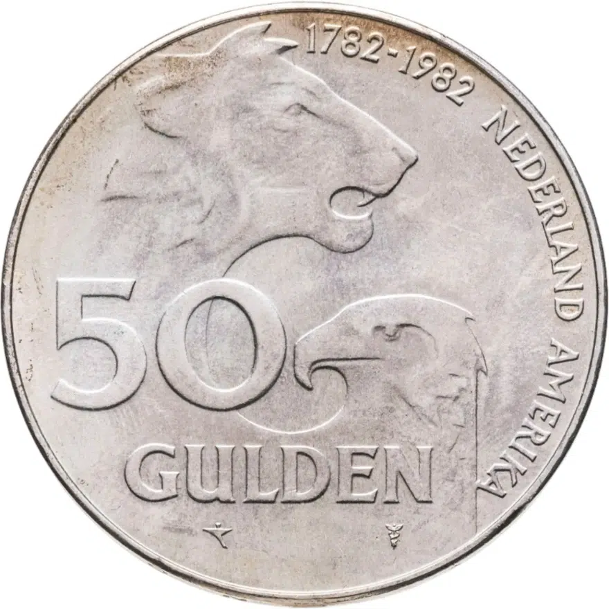 Нидерланды 50 гульденов (gulden) 1982 "200 лет Нидерландско-американским отношениям", в конверте с сертификатом, аверс