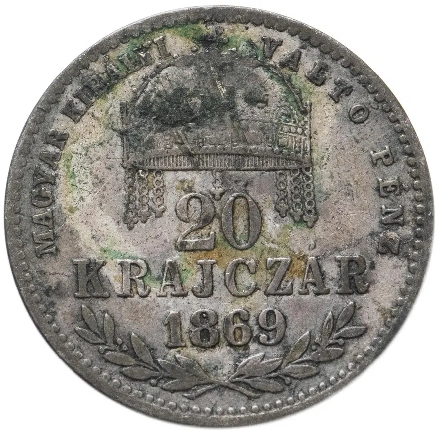 Венгрия 20 крейцеров (krajczar) 1869 KB  знак монетного двора "KB" - Кремница, аверс