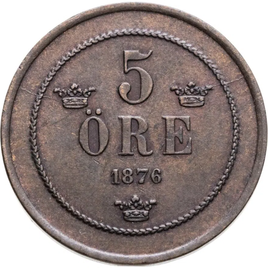 Швеция 5 эре (ore) 1876, реверс