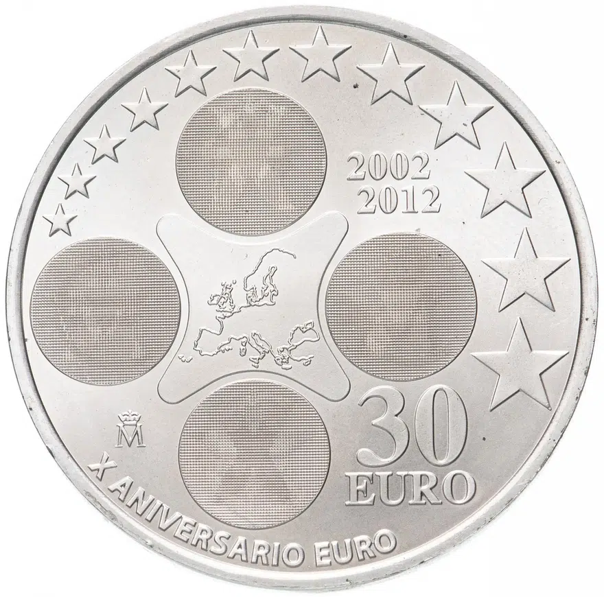 Испания 30 евро (euro) 2012 10 лет Евро, реверс