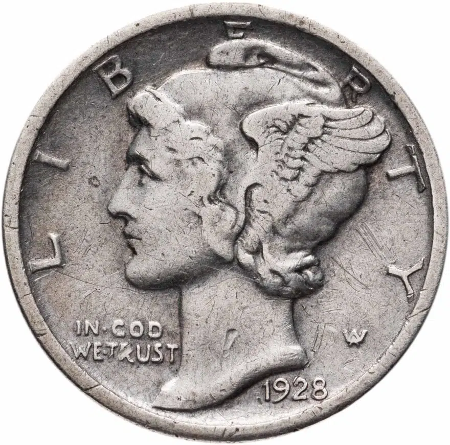 США 10 центов (дайм) 1928 "Mercury Dime", аверс
