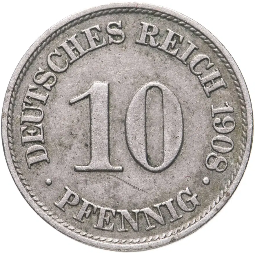 Германия 10 пфеннигов (pfennig) 1908 A  знак монетного двора: "A" - Берлин, реверс