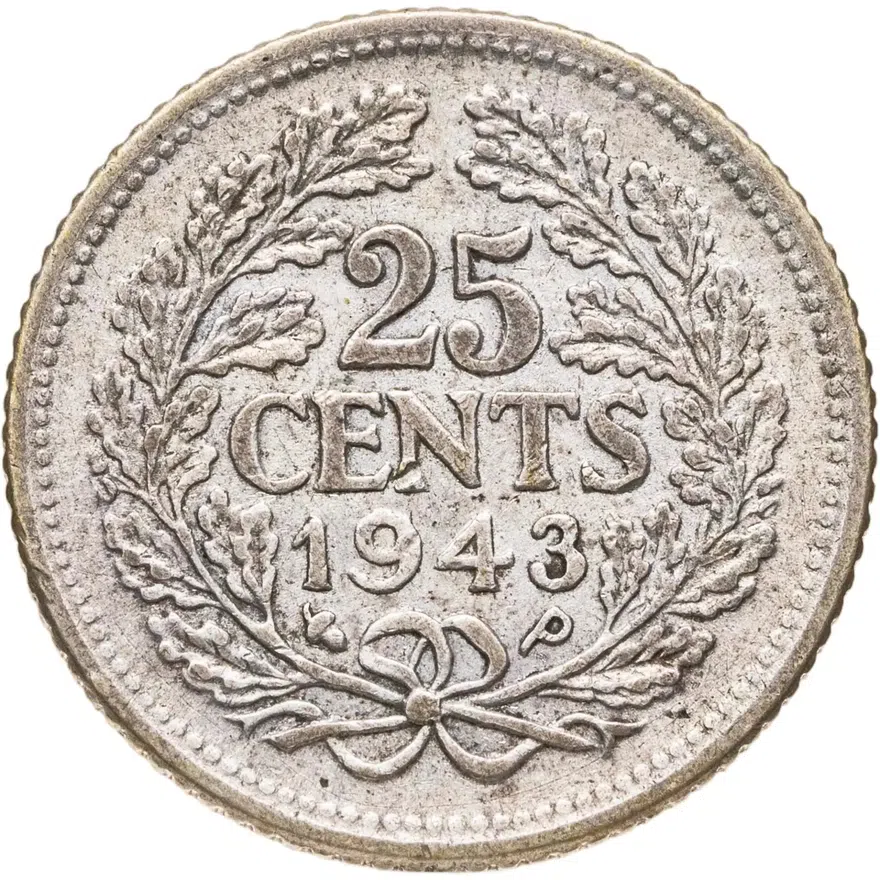 Нидерланды 25 центов (cents) 1943  Портрет на аверсе /Серебро/, аверс