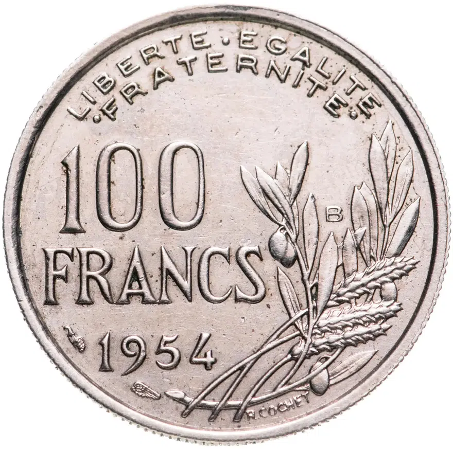 Франция 100 франков (francs) 1954 B  знак монетного двора: "B" - Бомон-ле-Роже