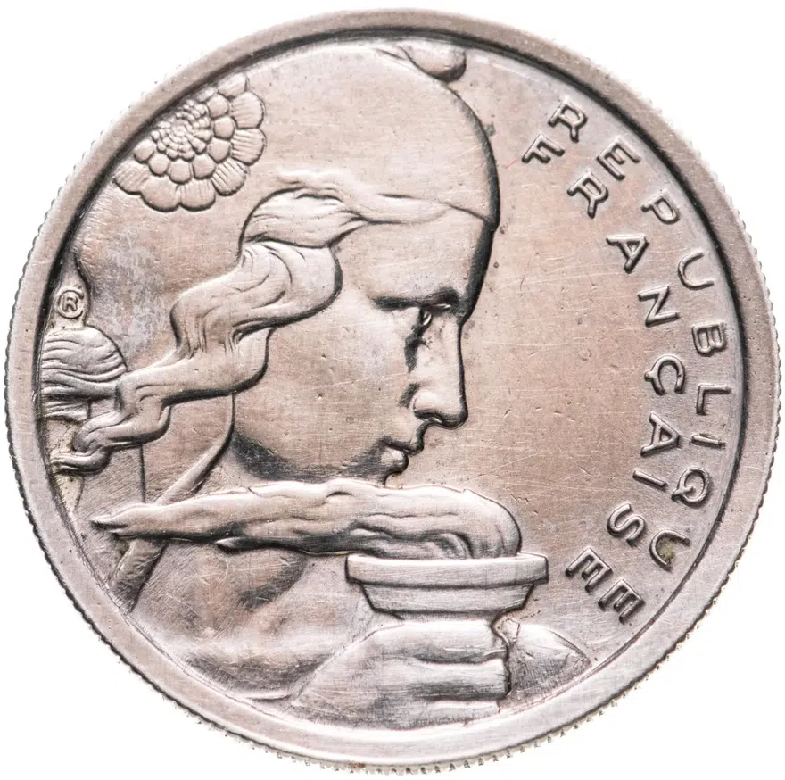 Франция 100 франков (francs) 1954 B  знак монетного двора: "B" - Бомон-ле-Роже, реверс