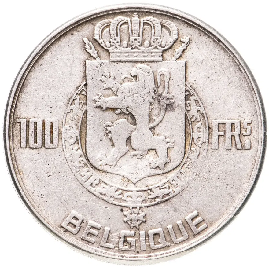 Бельгия 100 франков (francs) 1950  Надпись на французском - 'BELGIQUE', реверс