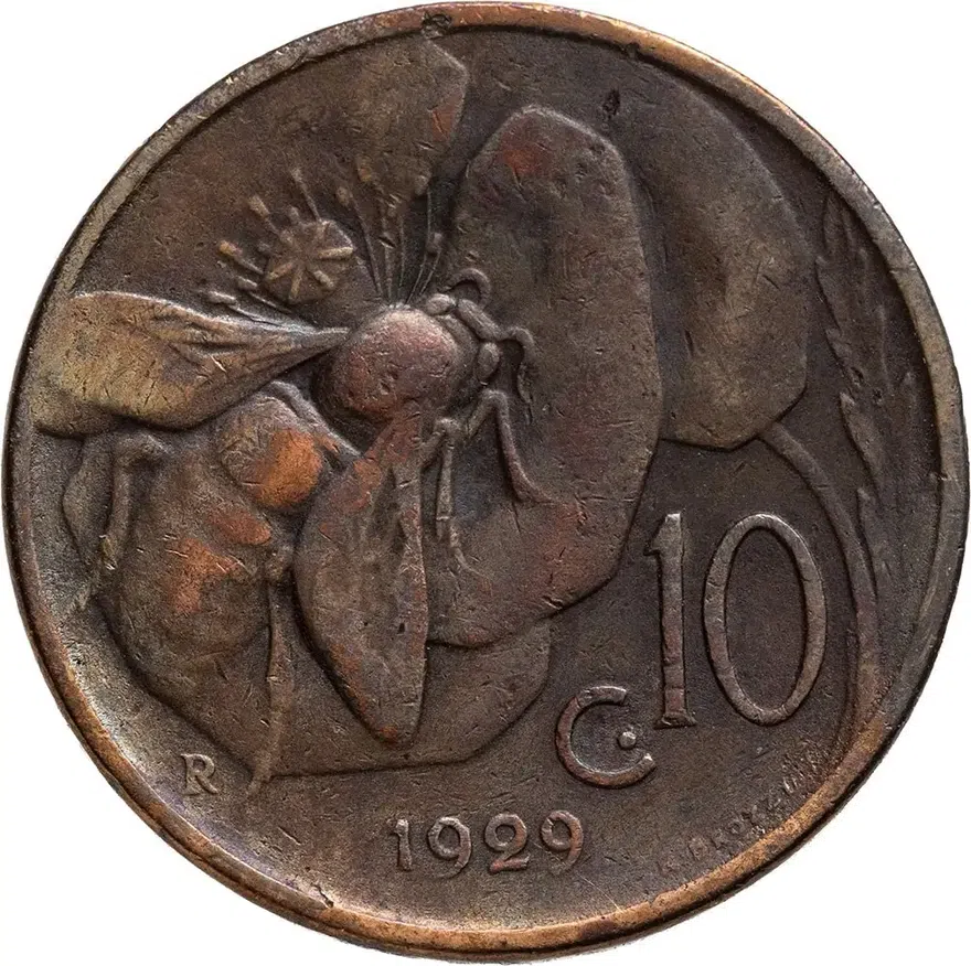 Италия 10 чентезимо (centesimi) 1929, реверс