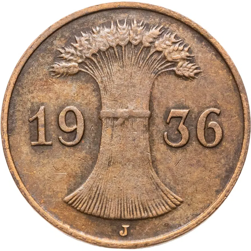 Германия 1 рейхспфенниг (reichspfennig) 1936 J  знак монетного двора "J" — Гамбург, реверс