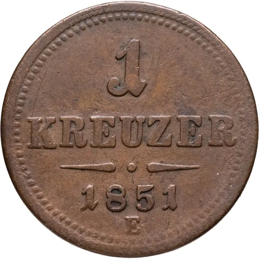 Австрия 1 крейцер (kreuzer) 1851 E  знак монетного двора "E" - Карлсбург