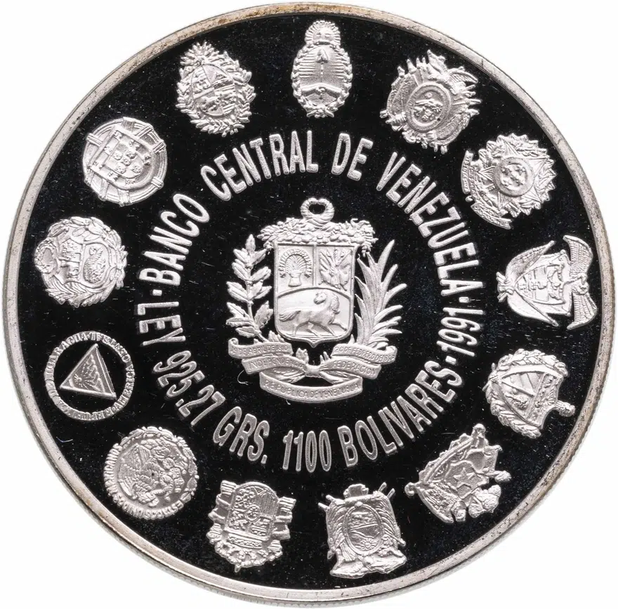 Венесуэла 1100 боливаров 1991 Proof "Иберо-Американская серия: Христофор Колумб", реверс