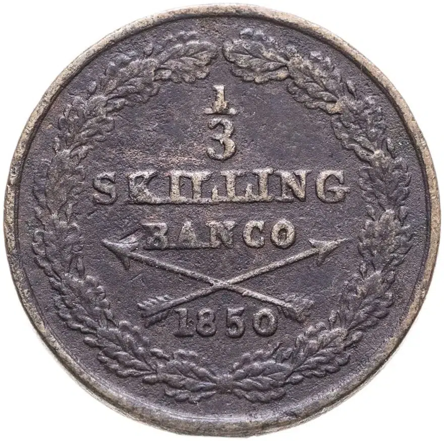 Швеция 1/3 скиллинга банко (skilling banco) 1850, аверс