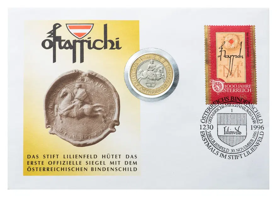 Австрия 50 шиллингов (shillings) 1996  1000 лет Австрийскому государству, в конверте с маркой, аверс