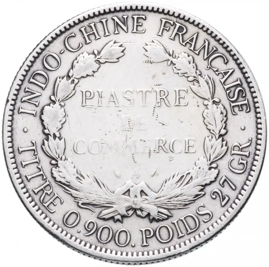 Французский Индокитай 1 пиастр (piastre) 1895   Надпись "27 GR.", реверс