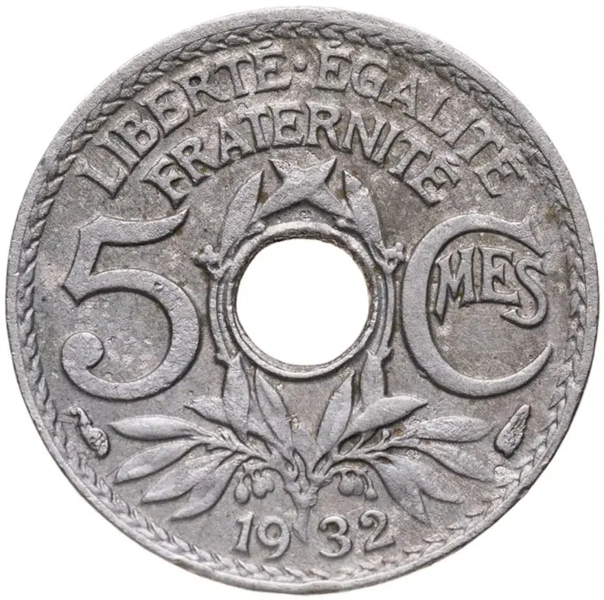 Франция 5 сантимов (centimes) 1932  Новый тип: Отверстие в центре, реверс