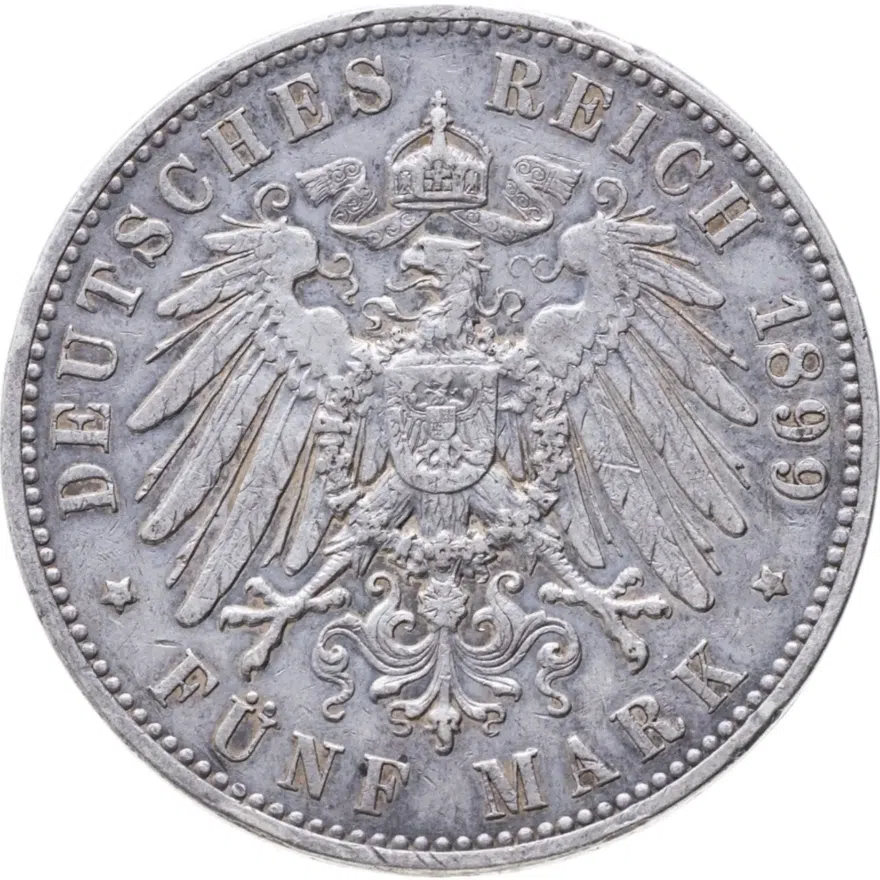Германская Империя, королевство Саксония. 5 марок (mark) 1899, реверс