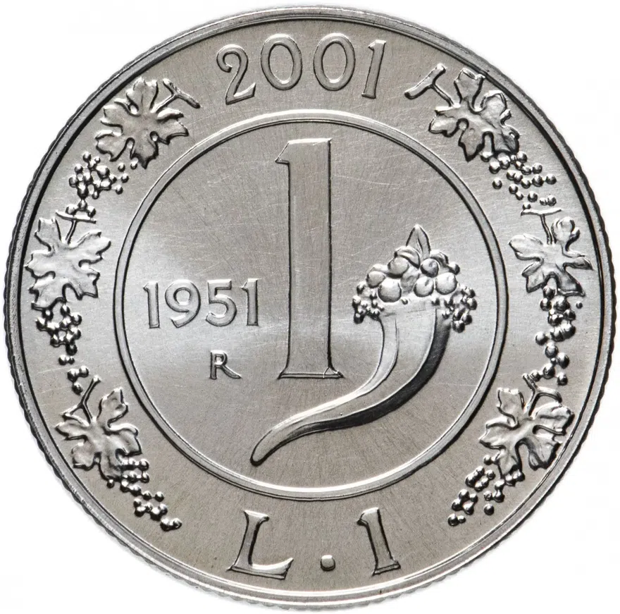 Италия 1 лира (lira) 2001 "История лиры - лира 1951", реверс