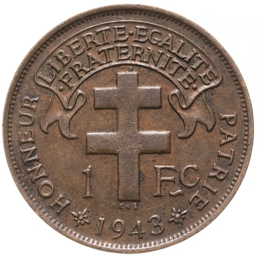 Камерун 1 франк (franc) 1943   CAMEROUN FRANÇAIS LIBRE, реверс