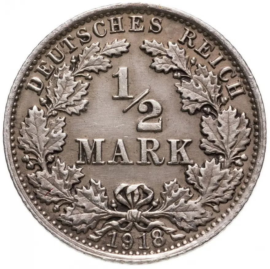Германия 1/2 марки (mark) 1918 G знак монетного двора: "G" - Карлсруэ, аверс