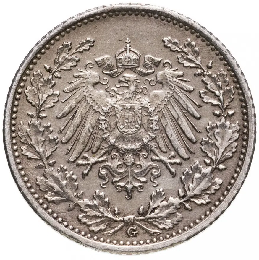 Германия 1/2 марки (mark) 1918 G знак монетного двора: "G" - Карлсруэ, реверс