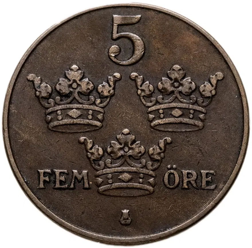 Швеция 5 эре (ore) 1941, реверс