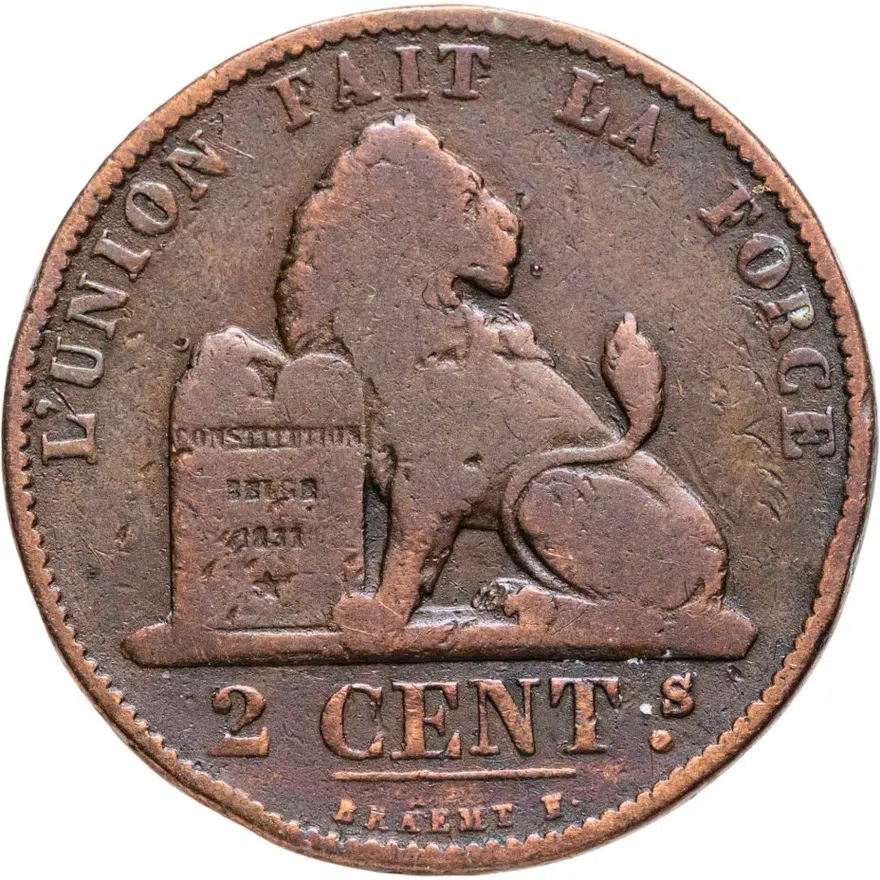 Бельгия 2 сантима (centimes) 1874  Надпись на французском - 'DES BELGES'