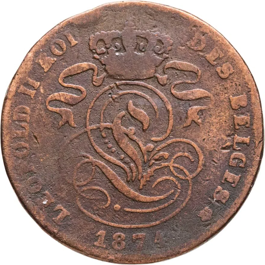 Бельгия 2 сантима (centimes) 1874  Надпись на французском - 'DES BELGES', реверс