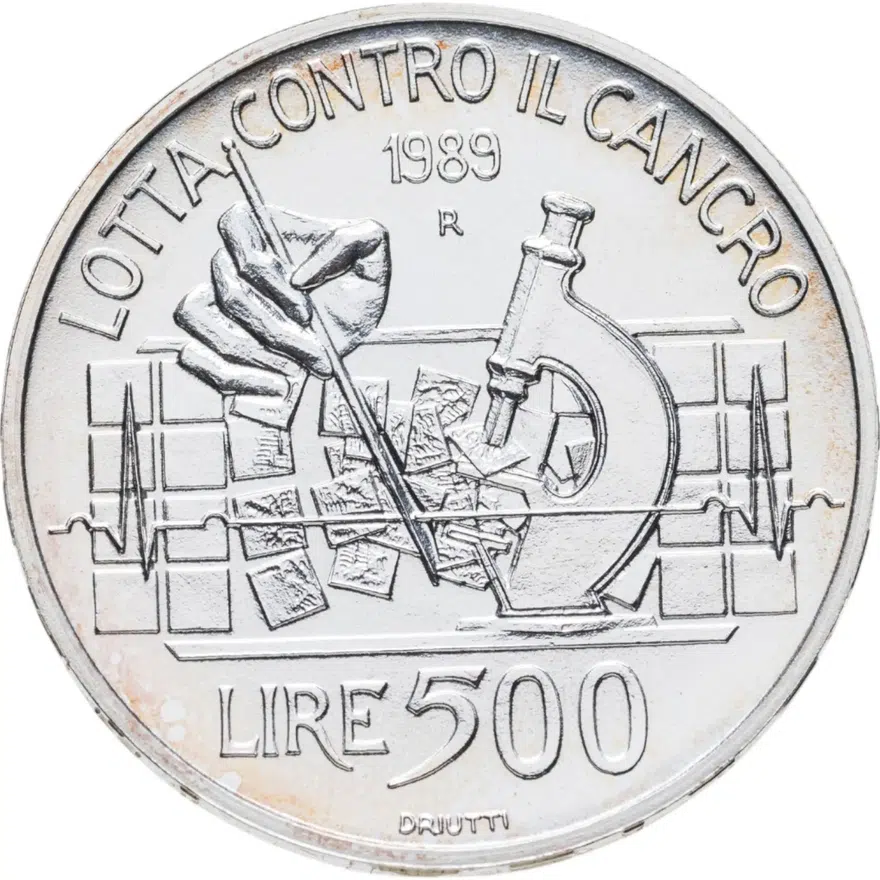 Италия 500 лир (lire) 1989  Борьба против рака, реверс