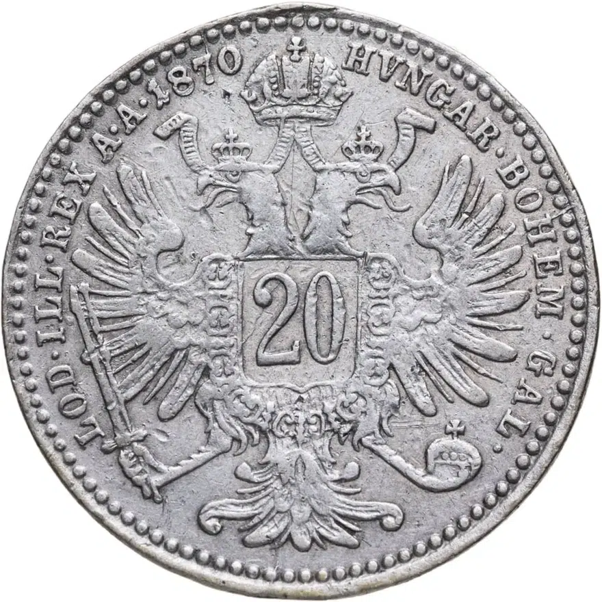 Австрия 20 крейцеров (kreuzer) 1870, реверс