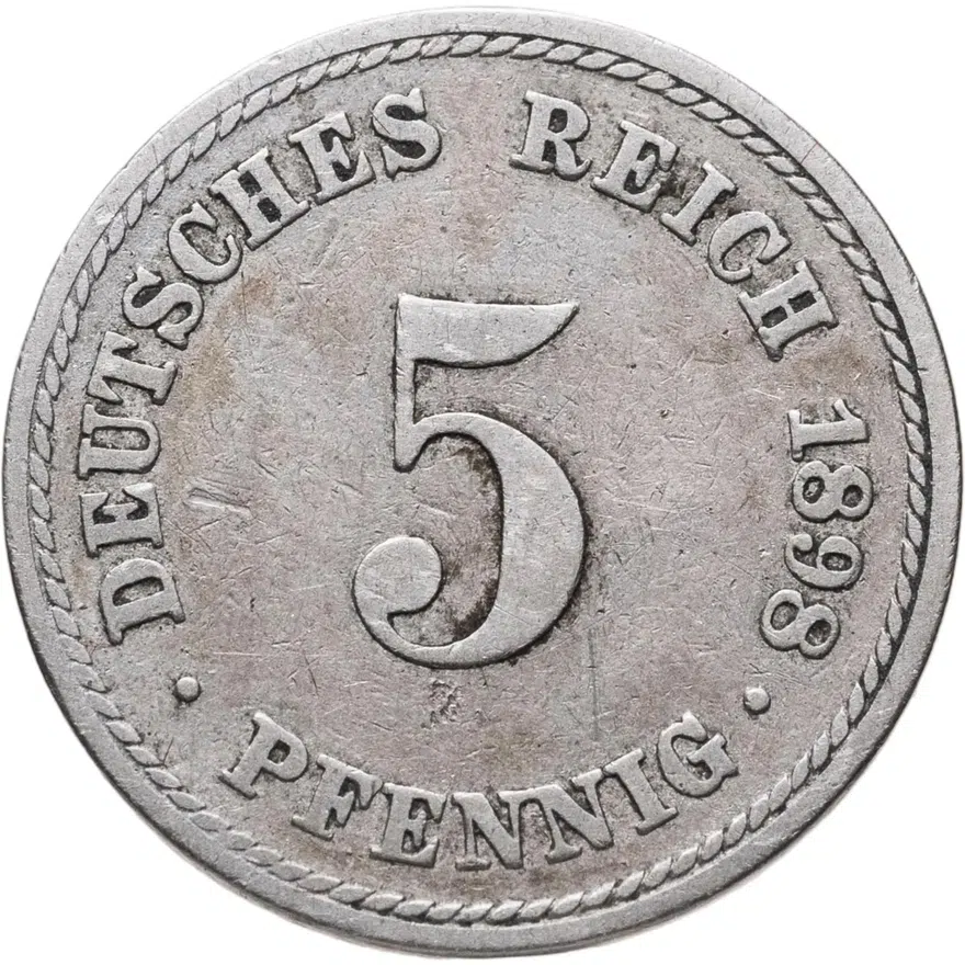 Германия 5 пфеннигов (pfennig) 1898 A  знак монетного двора: "A" - Берлин, аверс