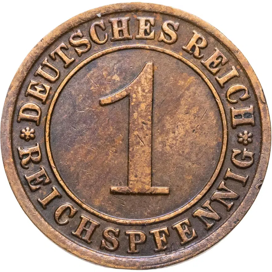Германия 1 рейхспфенниг (reichspfennig) 1930 F  знак монетного двора "F" — Штутгарт, аверс